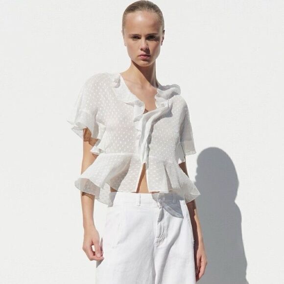 ZARA RUFFLED V NECK BLOUSE - Picture 6 of 6